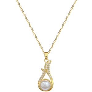 Elegant gold titanium necklace set with zircon paving and white pearl drop for banquet