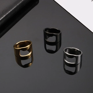 Three multi-functional stainless steel bottle opener rings in gold, black, and silver