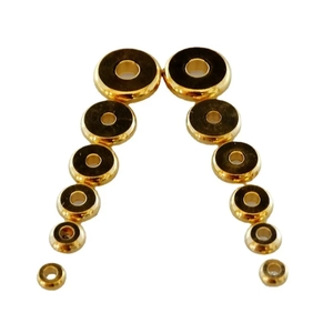Flat solid brass spacer beads for DIY jewelry making in various sizes on white background