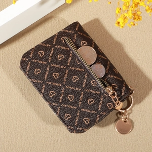 Women's dark brown wallet with Madley heart print, PU leather with metal zipper and keychain