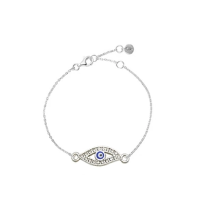 Close-up of silver Evil Eye bracelet with blue enamel and sparkling crystals on white background