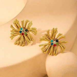 Gold starburst earrings with colorful crystals and textured metallic wires