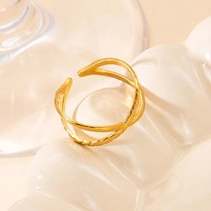 Adjustable gold titanium steel ring with double-layered crossover twist and polished design