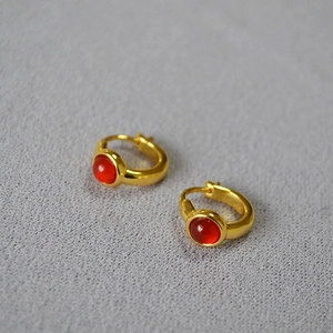 Retro gold plated brass earrings with red agate stone inlay for a minimalist vintage look