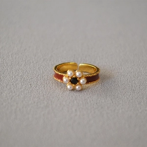 Vintage Palace Style Flower Ring Brass Red Enamel Imitation Artificial Pearl Black Zircon Open Adjustable For Women