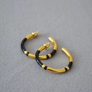Minimalist C-shaped gold plated brass earrings with black enamel finish for women