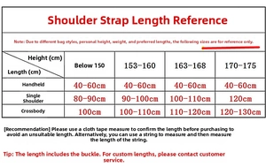 Size guide for adjustable colorful shoulder strap length based on height and usage