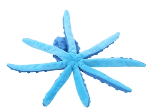 Close-up of blue octopus plush dog toy featuring nubby textured fabric for sensory play