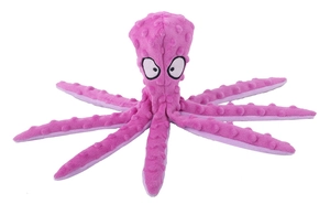 Detailed view of pink plush octopus dog toy with minky dot fabric and cartoon eyes