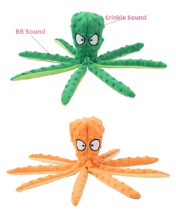 Detail of plush octopus pet toy with crinkle paper, squeaker and textured fabric