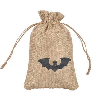 Linen Halloween drawstring gift bag featuring black bat pattern on natural burlap texture