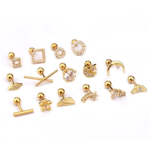 Golden stainless steel cartilage earrings set with butterfly stars and zircon studs