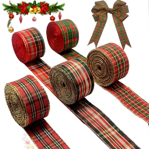 Christmas Plaid Ribbon Gold Wired Edge Tartan Decorative Ribbon For Gift Wrapping DIY Crafts Festive Tree Ornament
