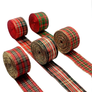Set of 5 rolls of plaid Christmas ribbons with gold trim for festive gift wrapping