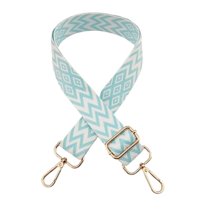 Close-up of blue and white wave pattern wide fabric strap with gold metal buckles