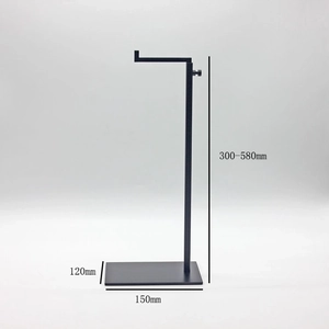 Black metal bag display stand detail with adjustable height 300-580mm and stable base