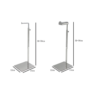 Adjustable display rack for handbags showing base size 12x14cm and height 30-58cm