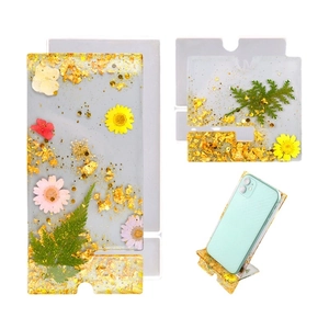 DIY epoxy resin phone stand silicone mold set featuring dried flowers and gold foil