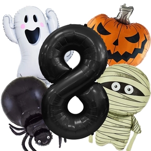 Detailed flat lay of Halloween foil balloons including ghost, pumpkin and mummy shapes