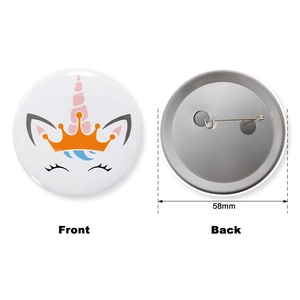 58mm unicorn tinplate badge showing front design and back pin detail for birthday party