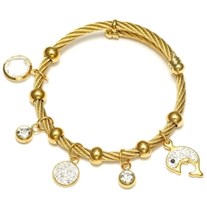 18K gold-plated stainless steel wire bracelet with dolphin and crystal charms