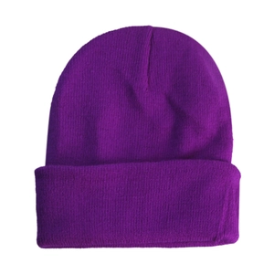 Close-up of high-quality purple knitted texture and thick folded cuff on this beanie