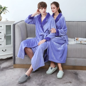 Matching lavender coral fleece robes with plush texture and quilted collar details