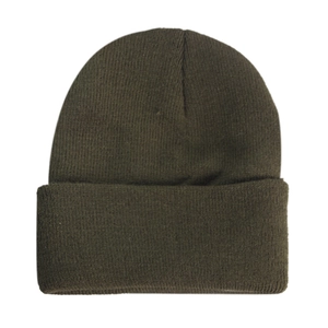 Detailed view of dark olive green knit beanie with folded cuff and tight stitch pattern