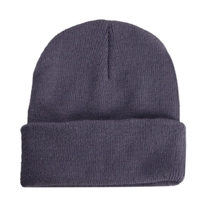 Detail view of dark grey knitted beanie showing the fine knit texture and folded cuff