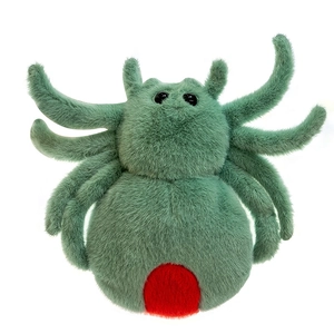 Close-up of soft green plush spider toy with a red spot detail on a white background