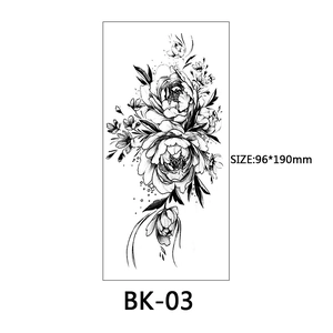 Detail view of black and white sketch flower tattoo sticker BK-03 size 96x190mm