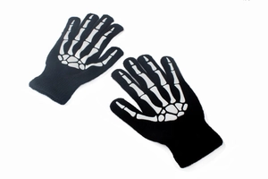 Detailed view of knitted gloves with white skeleton bone prints on black fabric