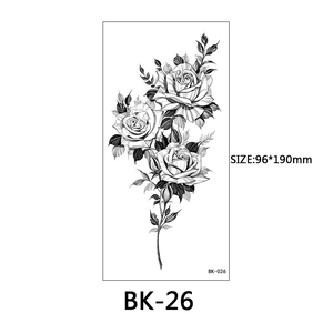 Sketch style black rose temporary tattoo sticker with size details 96x190mm