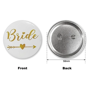 58mm white tinplate Bride wedding badge with gold glitter text and safety pin back