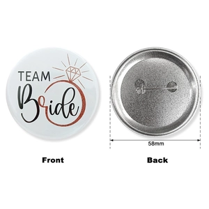 Front and back of 58mm Team Bride tinplate badge with diamond ring design for weddings