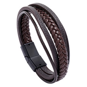 Detail of dark brown braided multilayer leather bracelet with a black magnetic buckle