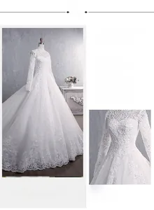 Detailed embroidery and delicate lace texture on white long-sleeve high-neck bridal gown