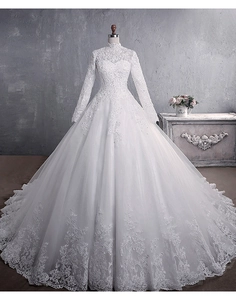 Exquisite high-neck lace bridal gown with long sleeves and detailed floral embroidery appliques