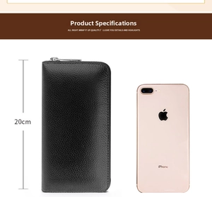 Litchi pattern leather wallet detail showing 20cm height compared to an iPhone