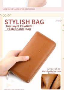 Detailed view of brown lychee grain cowhide leather wallet with metal zipper closure