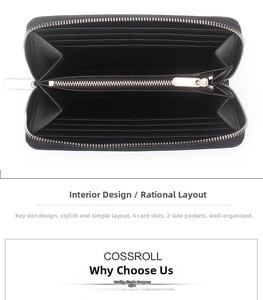 Detail showing inner leather wallet compartments with card slots and a zipper pocket