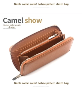 Detail view of camel leather long wallet featuring multiple card slots and zipper pocket