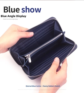 Detail view of the deep blue lychee pattern leather wallet with multiple card slots