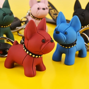 French Bulldog cartoon keychains in multiple colors with PVC matte finish and wrist straps