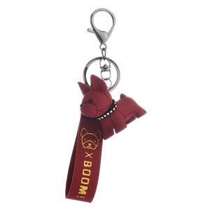 Cute dark red French Bulldog keychain with gold X BOOM wrist strap and metal ring