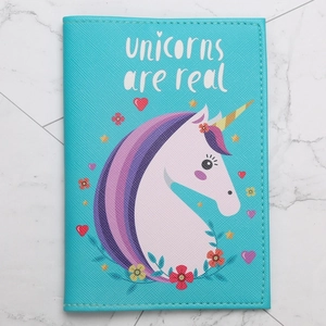 Unicorn PU leather passport holder in turquoise with unicorns are real text and floral design