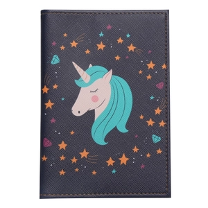Dark blue PU leather passport cover featuring a cute cartoon unicorn and stars pattern