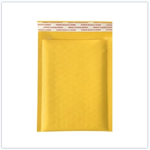 Yellow kraft paper bubble mailer with self-seal adhesive strip on white background