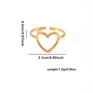 Minimalist gold hollow heart open ring in titanium steel showing weight and dimensions