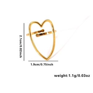 18K gold plated heart hollow ring in stainless steel with size and weight measurements